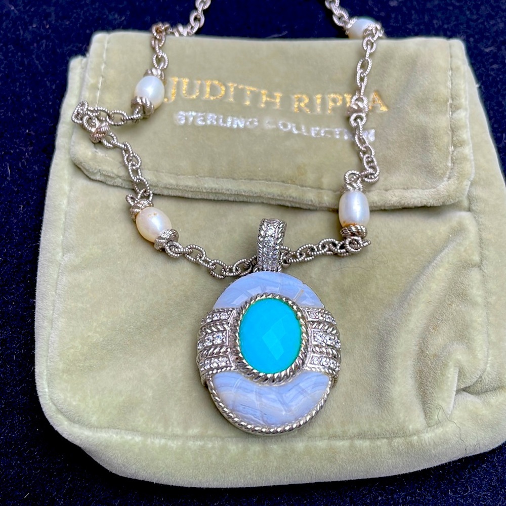 Judith Ripka Sterling Turquoise Blue LaceAgate Pendand 18” CZ Necklace